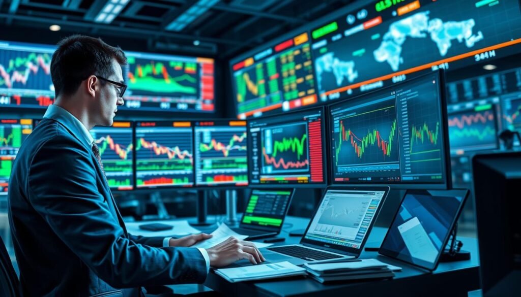 A detailed digital artwork illustrating the concept of binary options trading in a modern financial market. In the foreground, a professional trader, dressed in business attire, is analyzing multiple screens displaying dynamic and colorful financial graphs and charts, showing trends and options prices. The middle layer features a sleek trading desk cluttered with financial reports, charts, and a laptop, reflecting high-tech trading environments. The background should depict a bustling trading floor with stylized screens displaying global financial data, implying a sense of urgency and activity. The lighting is bright and focused, highlighting the trader and screens, creating an energetic and professional atmosphere. The composition emphasizes a sense of modernity and sophistication in the binary options market. A detailed digital artwork illustrating the concept of binary options trading in a modern financial market. In the foreground, a professional trader, dressed in business attire, is analyzing multiple screens displaying dynamic and colorful financial graphs and charts, showing trends and options prices. The middle layer features a sleek trading desk cluttered with financial reports, charts, and a laptop, reflecting high-tech trading environments. The background should depict a bustling trading floor with stylized screens displaying global financial data, implying a sense of urgency and activity. The lighting is bright and focused, highlighting the trader and screens, creating an energetic and professional atmosphere. The composition emphasizes a sense of modernity and sophistication in the binary options market.