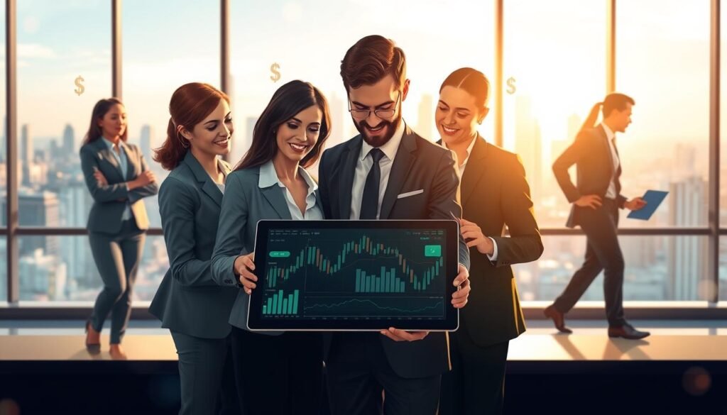 A dynamic and professional illustration depicting the concept of binary options in Brazil. In the foreground, a diverse group of professionals in business attire are engaged in a discussion around a digital tablet showcasing financial graphs and data, reflecting market trends in binary options trading. In the middle ground, a sleek, modern office environment with large windows revealing a city skyline, symbolizing the vibrant Brazilian economy. The background features abstract representations of financial charts and numbers, subtly blended into the atmosphere, emphasizing the market's volatility. Soft, warm lighting streams through the windows, creating an optimistic and focused mood, with a slight bokeh effect to enhance depth. The image should capture the essence of legality and professionalism surrounding binary options in Brazil. A dynamic and professional illustration depicting the concept of binary options in Brazil. In the foreground, a diverse group of professionals in business attire are engaged in a discussion around a digital tablet showcasing financial graphs and data, reflecting market trends in binary options trading. In the middle ground, a sleek, modern office environment with large windows revealing a city skyline, symbolizing the vibrant Brazilian economy. The background features abstract representations of financial charts and numbers, subtly blended into the atmosphere, emphasizing the market's volatility. Soft, warm lighting streams through the windows, creating an optimistic and focused mood, with a slight bokeh effect to enhance depth. The image should capture the essence of legality and professionalism surrounding binary options in Brazil.