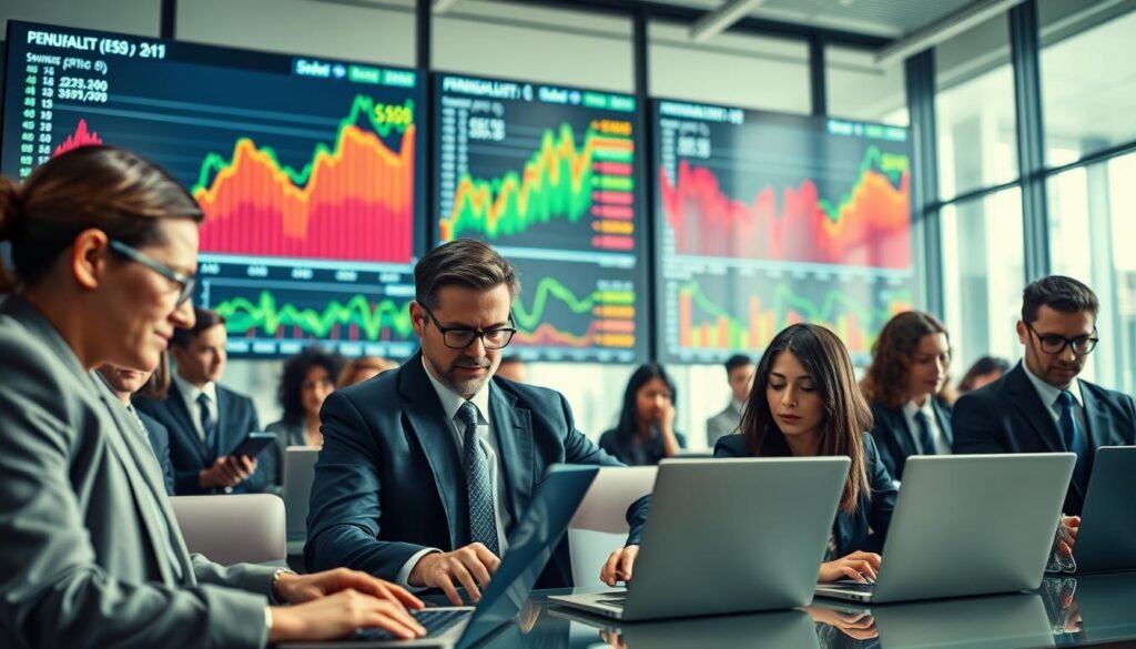 A dynamic and visually engaging scene depicting the concept of binary options trading, focusing on payout and accuracy rates. In the foreground, a diverse group of professionals in smart business attire analyzes digital data on laptops, their faces reflecting concentration and determination. In the middle ground, large screens display colorful financial graphs, illustrating fluctuating rates and payout percentages, with upward and downward trends. The background features a modern office space with glass walls, allowing natural light to flood the room, creating an atmosphere of collaboration and focus. Use a wide-angle lens effect to capture depth and vibrancy, maintaining a professional and informative mood throughout. The overall composition should emphasize the complexity and potential of binary options trading.