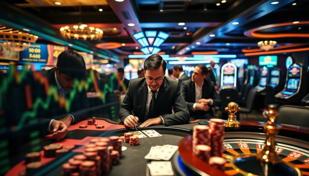 A dynamic casino scene merging the thrill of gambling with the analytical world of binary options. In the foreground, a sleek digital binary options trading interface displays fluctuating graphs and numbers, partially overlaid with shimmering casino chips and cards. The middle ground features a stylish casino table surrounded by focused individuals in professional business attire, studying their screens and discussing strategies. The background showcases a vibrant casino atmosphere, with bright lights, slot machines, and a roulette wheel, creating an energetic yet tense mood. Soft, dramatic lighting highlights the players' expressions, capturing their concentration and anticipation. The composition is wide-angle, emphasizing both the excitement of the casino and the analytical nature of binary options trading. The overall atmosphere should convey the juxtaposition between chance and strategy, set in an 16:9 aspect ratio. A dynamic casino scene merging the thrill of gambling with the analytical world of binary options. In the foreground, a sleek digital binary options trading interface displays fluctuating graphs and numbers, partially overlaid with shimmering casino chips and cards. The middle ground features a stylish casino table surrounded by focused individuals in professional business attire, studying their screens and discussing strategies. The background showcases a vibrant casino atmosphere, with bright lights, slot machines, and a roulette wheel, creating an energetic yet tense mood. Soft, dramatic lighting highlights the players' expressions, capturing their concentration and anticipation. The composition is wide-angle, emphasizing both the excitement of the casino and the analytical nature of binary options trading. The overall atmosphere should convey the juxtaposition between chance and strategy, set in an 16:9 aspect ratio.