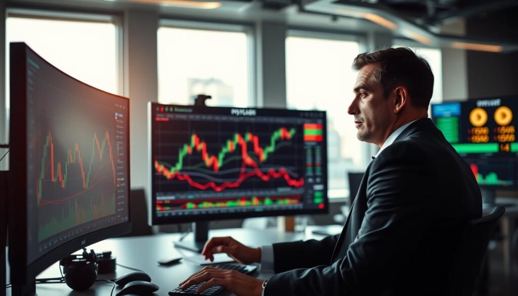 A dynamic office setting focused on binary options trading. In the foreground, a professional-looking individual in business attire is intently analyzing financial charts on a sleek monitor, showcasing candlestick patterns and trend lines. The middle ground features additional trading screens displaying market data and binary options symbols, highlighting the fast-paced nature of trading. The background depicts a modern office environment with large windows allowing natural light to flood in, creating a vibrant atmosphere. Soft, focused lighting casts interesting shadows, enhancing the sense of urgency and concentration. The mood is serious yet slightly optimistic, reflecting the potential gains in the binary options market while emphasizing the importance of making informed decisions. The composition is well-balanced in a cinematic 16:9 aspect ratio, perfect for capturing the essence of this financial activity. A dynamic office setting focused on binary options trading. In the foreground, a professional-looking individual in business attire is intently analyzing financial charts on a sleek monitor, showcasing candlestick patterns and trend lines. The middle ground features additional trading screens displaying market data and binary options symbols, highlighting the fast-paced nature of trading. The background depicts a modern office environment with large windows allowing natural light to flood in, creating a vibrant atmosphere. Soft, focused lighting casts interesting shadows, enhancing the sense of urgency and concentration. The mood is serious yet slightly optimistic, reflecting the potential gains in the binary options market while emphasizing the importance of making informed decisions. The composition is well-balanced in a cinematic 16:9 aspect ratio, perfect for capturing the essence of this financial activity.