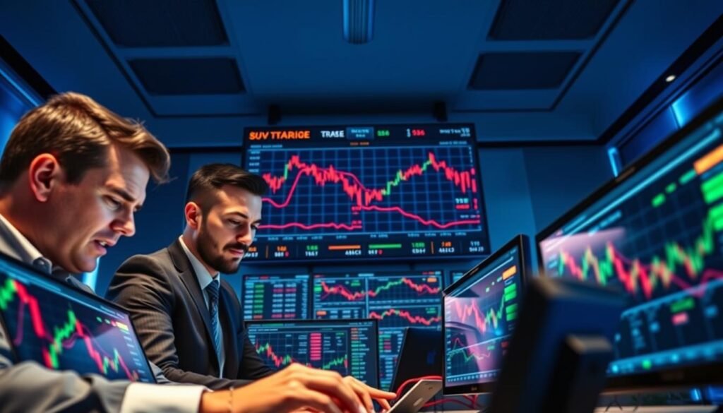 A modern financial trading setup showcasing binary options trading. In the foreground, a diverse group of three professionals in business attire, two men and one woman, are intensely analyzing digital screens filled with vibrant financial charts and graphs representing asset price predictions. In the middle, a large screen displays real-time market data with upward and downward trends, reflecting the excitement and tension of trading. The background features a sleek, high-tech office environment with soft blue lighting that creates a focused atmosphere. The angle is slightly angled downwards, capturing both the traders' expressions and the animated charts. The overall mood is dynamic and intense, embodying the fast-paced nature of binary options trading in the modern market. A modern financial trading setup showcasing binary options trading. In the foreground, a diverse group of three professionals in business attire, two men and one woman, are intensely analyzing digital screens filled with vibrant financial charts and graphs representing asset price predictions. In the middle, a large screen displays real-time market data with upward and downward trends, reflecting the excitement and tension of trading. The background features a sleek, high-tech office environment with soft blue lighting that creates a focused atmosphere. The angle is slightly angled downwards, capturing both the traders' expressions and the animated charts. The overall mood is dynamic and intense, embodying the fast-paced nature of binary options trading in the modern market.
