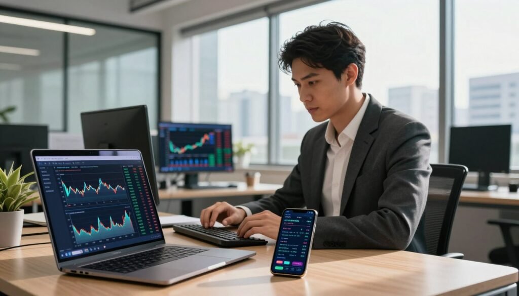 A modern office environment showcasing a sleek, professional workspace focused on binary options trading. In the foreground, a laptop and a smartphone displaying refined trading interfaces with graphs and data visualizations. In the middle, a confident business professional dressed in smart casual attire, reviewing market data intently. The background features a large window with cityscape views, allowing natural light to illuminate the scene, creating a vibrant atmosphere. Soft shadows and warm lighting enhance the mood of productivity and financial acumen. The overall composition conveys a sense of trust and professionalism in regulated binary options trading in Brazil. A modern office environment showcasing a sleek, professional workspace focused on binary options trading. In the foreground, a laptop and a smartphone displaying refined trading interfaces with graphs and data visualizations. In the middle, a confident business professional dressed in smart casual attire, reviewing market data intently. The background features a large window with cityscape views, allowing natural light to illuminate the scene, creating a vibrant atmosphere. Soft shadows and warm lighting enhance the mood of productivity and financial acumen. The overall composition conveys a sense of trust and professionalism in regulated binary options trading in Brazil.