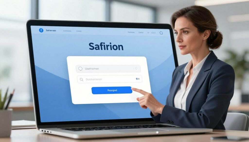 A modern, sleek illustration of a login interface for "Safirion," prominently displayed on a digital device such as a tablet or laptop. In the foreground, a confident professional, a middle-aged woman in a smart business outfit, is interacting with the device, with a focused expression. In the middle ground, the glowing screen shows a simplified version of the login page, featuring fields for username and password, designed in a minimalist, user-friendly style with a blue and white color scheme. The background is softly blurred, suggesting a contemporary office setting with natural light streaming in through large windows. The mood is professional and inviting, conveying a sense of security and ease in accessing personal information. A modern, sleek illustration of a login interface for "Safirion," prominently displayed on a digital device such as a tablet or laptop. In the foreground, a confident professional, a middle-aged woman in a smart business outfit, is interacting with the device, with a focused expression. In the middle ground, the glowing screen shows a simplified version of the login page, featuring fields for username and password, designed in a minimalist, user-friendly style with a blue and white color scheme. The background is softly blurred, suggesting a contemporary office setting with natural light streaming in through large windows. The mood is professional and inviting, conveying a sense of security and ease in accessing personal information.