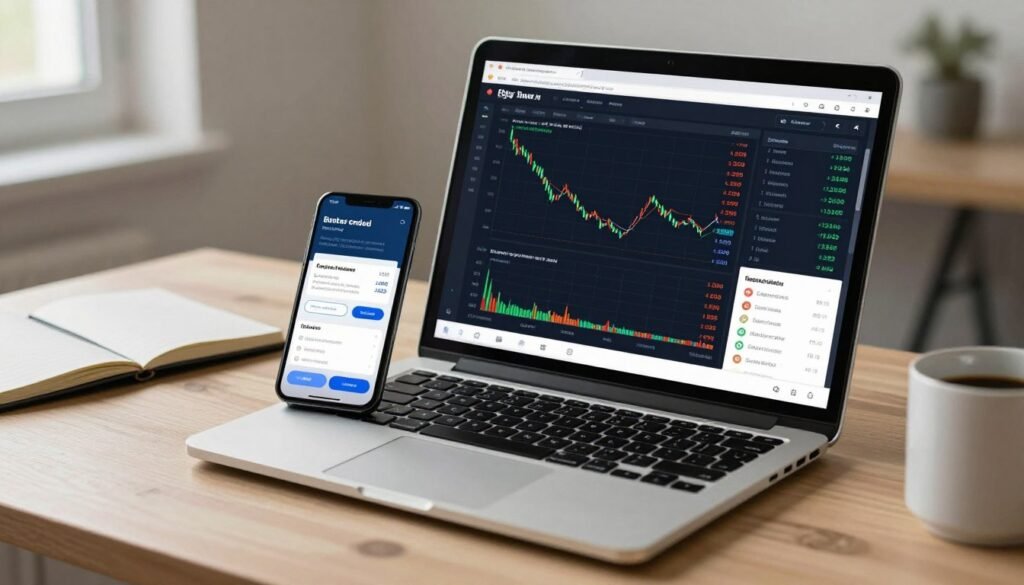 A modern workspace featuring a sleek laptop and a smartphone displaying user-friendly binary options trading interfaces, emphasizing beginner-friendly features. In the foreground, focus on the laptop's screen showcasing charts and trading options, while the smartphone is placed beside it, highlighting its app interface. A subtle light source from a nearby window casting soft shadows creates an inviting atmosphere. The background features a well-organized desk with a notepad and a mug, suggesting a productive and professional environment. The overall mood is encouraging and educational, promoting a sense of exploration and learning for newcomers to binary options trading.