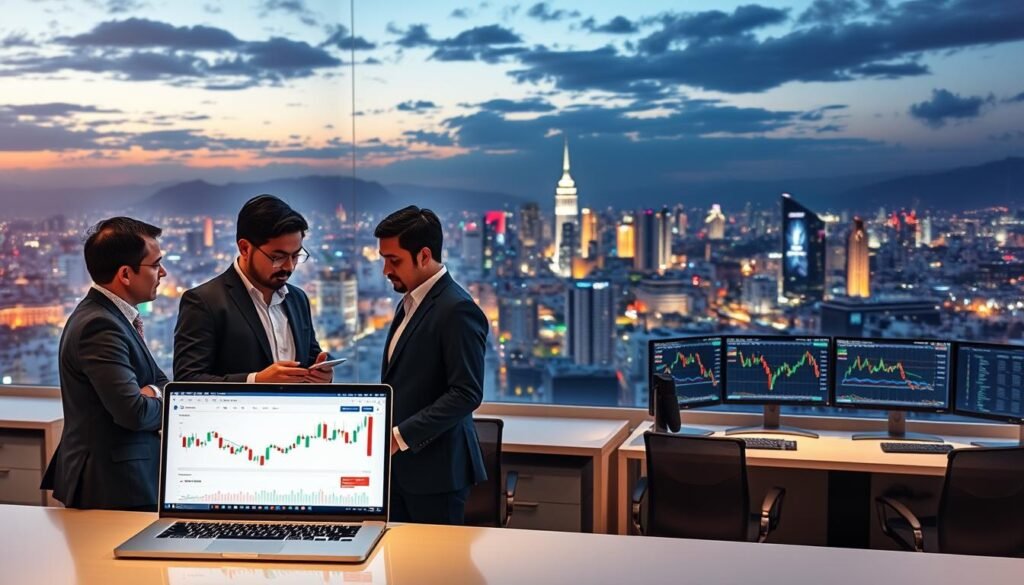 A professional and polished depiction of the Brazilian binary options trading landscape in 2026. In the foreground, a diverse group of three professionals in business attire discussing strategies, with a laptop displaying financial graphs and market trends. In the middle ground, modern office desks with multiple monitors showing dynamic charts, indicators of market fluctuations, and trading data. The background features a panoramic view of São Paulo's skyline at dusk, illuminating the vibrant city bustling with economic activity. Soft, warm lighting enhances the scene, while a wide-angle perspective captures the momentum of financial markets. The overall mood is one of collaboration, opportunity, and focus on the evolving trading environment. A professional and polished depiction of the Brazilian binary options trading landscape in 2026. In the foreground, a diverse group of three professionals in business attire discussing strategies, with a laptop displaying financial graphs and market trends. In the middle ground, modern office desks with multiple monitors showing dynamic charts, indicators of market fluctuations, and trading data. The background features a panoramic view of São Paulo's skyline at dusk, illuminating the vibrant city bustling with economic activity. Soft, warm lighting enhances the scene, while a wide-angle perspective captures the momentum of financial markets. The overall mood is one of collaboration, opportunity, and focus on the evolving trading environment.