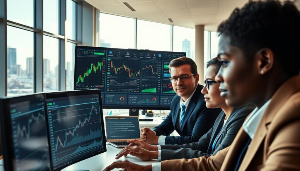 A professional business environment depicting a secure online trading platform for binary options. In the foreground, a diverse group of three professionals in smart business attire analyze financial charts on multiple screens, showcasing graphs and market trends. The middle layer features a sleek computer interface displaying security features and withdrawal terms. In the background, a modern office setting with large windows revealing a city skyline under natural daylight, creating a bright and optimistic atmosphere. The lighting is soft yet bright, illuminating the faces of the professionals in a candid, focused manner. The image should convey a sense of confidence, safety, and professionalism in the realm of online trading. A professional business environment depicting a secure online trading platform for binary options. In the foreground, a diverse group of three professionals in smart business attire analyze financial charts on multiple screens, showcasing graphs and market trends. The middle layer features a sleek computer interface displaying security features and withdrawal terms. In the background, a modern office setting with large windows revealing a city skyline under natural daylight, creating a bright and optimistic atmosphere. The lighting is soft yet bright, illuminating the faces of the professionals in a candid, focused manner. The image should convey a sense of confidence, safety, and professionalism in the realm of online trading.