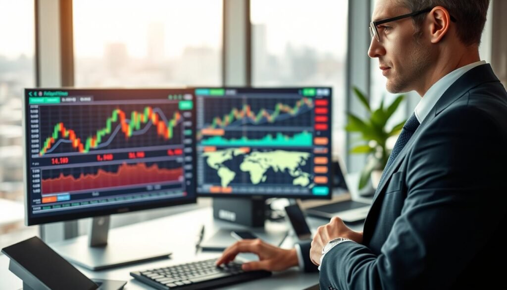 A professional-looking business environment showcasing the concept of earning money through binary options trading. In the foreground, a confident businessperson in smart attire studies a computer screen filled with dynamic financial graphs and candlestick charts. The middle layer features a digital display showing fluctuating prices and a map of global markets. In the background, a modern office setting with large windows and a city skyline creates a sense of opportunity. Soft, diffused daylight filters through, casting a bright, optimistic atmosphere. The focus should be sharp on the businessperson and screens, with a subtle blur on the background to emphasize growth and financial potential in binary options trading. The image should be vibrant and engaging, reflecting excitement and professionalism in the financial market.