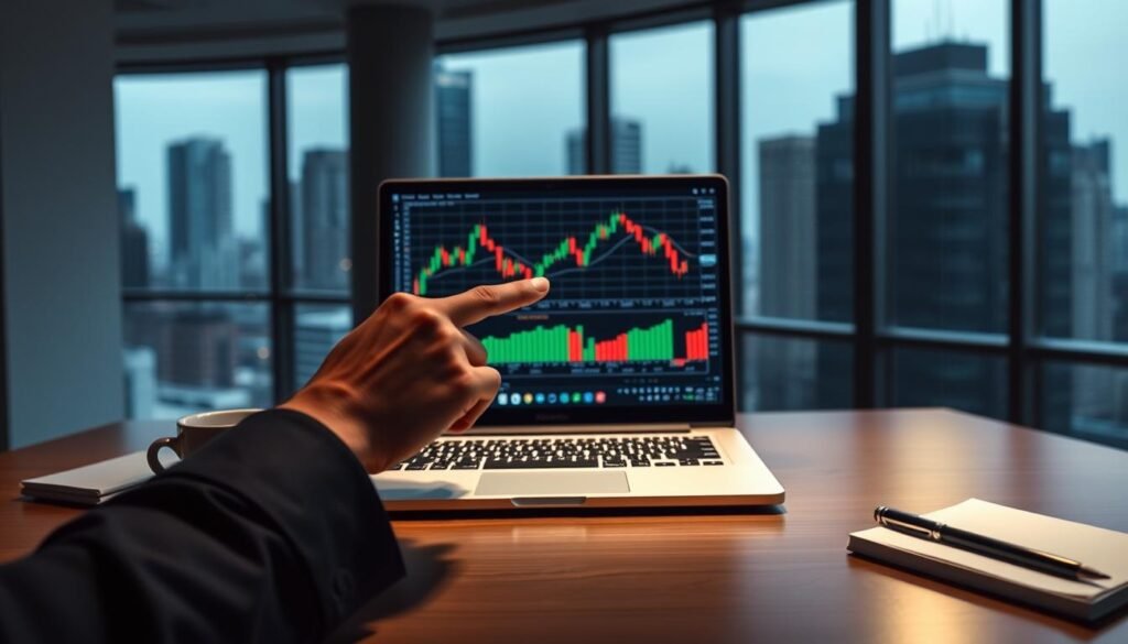 A professional-looking office environment with a modern desk in the foreground, featuring a laptop displaying financial charts related to binary options trading. In the middle ground, a pair of hands pointing at a chart on the screen, demonstrating analysis and engagement. The background showcases large windows with a cityscape view, suggesting a bustling financial district. Dim, focused lighting emphasizes the laptop screen, casting a soft glow on the hands and desk. The overall mood is tense and contemplative, hinting at the complexities and risks of binary options trading. Include elements like a coffee mug and notepads to enhance the business atmosphere. Ensure the hands are well-groomed, clad in professional attire. The image should be in a 16:9 aspect ratio. A professional-looking office environment with a modern desk in the foreground, featuring a laptop displaying financial charts related to binary options trading. In the middle ground, a pair of hands pointing at a chart on the screen, demonstrating analysis and engagement. The background showcases large windows with a cityscape view, suggesting a bustling financial district. Dim, focused lighting emphasizes the laptop screen, casting a soft glow on the hands and desk. The overall mood is tense and contemplative, hinting at the complexities and risks of binary options trading. Include elements like a coffee mug and notepads to enhance the business atmosphere. Ensure the hands are well-groomed, clad in professional attire. The image should be in a 16:9 aspect ratio.