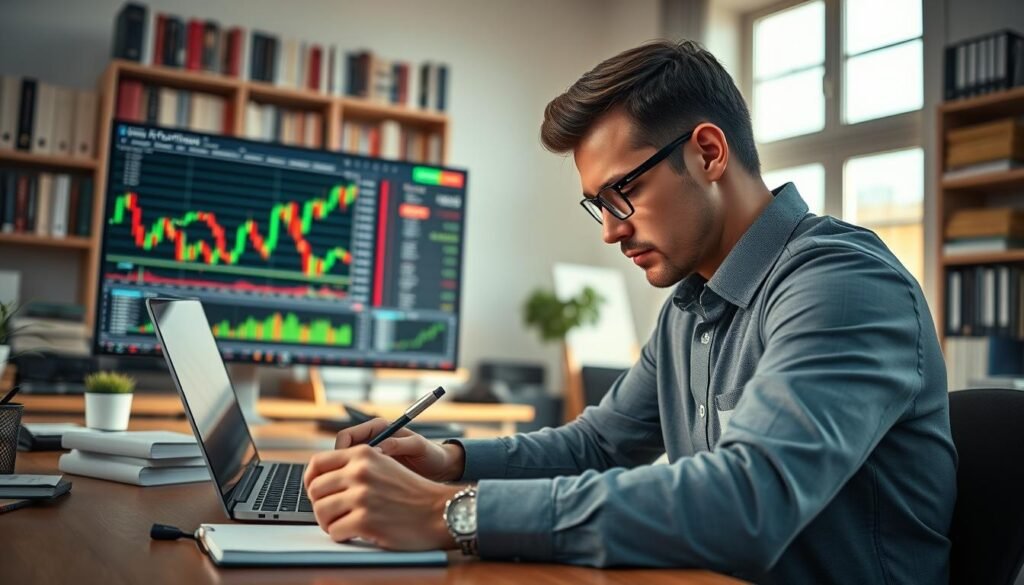 A professional-looking workspace featuring a businessperson in modest casual clothing, focusing intently on a laptop displaying binary options trading graphs and charts in vibrant colors. In the foreground, include details of a notebook and a pen, emphasizing a learning process. The middle ground showcases a large monitor with fluctuating market data, candles, and indicators. In the background, a well-organized office with books related to finance and trading on shelves, bathed in natural daylight from a window, creating an inviting and educational atmosphere. The overall mood should be one of determination and clarity, perfect for beginners embarking on their trading journey. The image should be in a 16:9 aspect ratio, capturing the essence of learning about binary options.