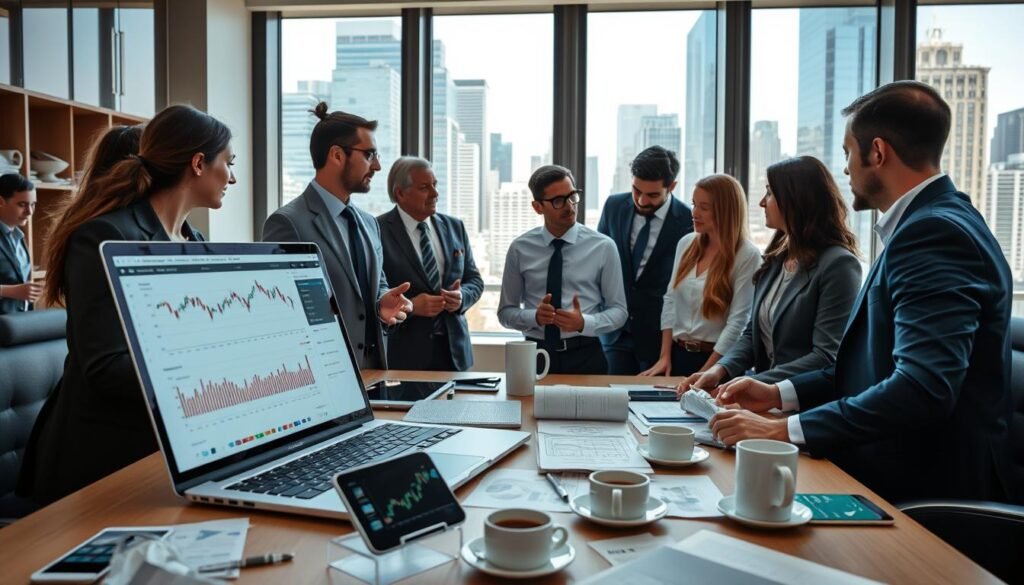 A professional, modern office environment with a focus on a sleek laptop displaying financial charts and binary option graphs. In the foreground, a diverse group of business professionals, dressed in smart attire, are engaged in a discussion, examining data on the screen. The middle ground features a cluttered desk with financial documents, a smartphone showing market trends, and coffee cups, suggesting a dynamic work atmosphere. In the background, large windows provide a view of a bustling cityscape, with skyscrapers symbolizing economic activity. The lighting is bright and natural, creating a productive and optimistic mood. The image is in a 16:9 aspect ratio, emphasizing the importance of due diligence in choosing binary options platforms. A professional, modern office environment with a focus on a sleek laptop displaying financial charts and binary option graphs. In the foreground, a diverse group of business professionals, dressed in smart attire, are engaged in a discussion, examining data on the screen. The middle ground features a cluttered desk with financial documents, a smartphone showing market trends, and coffee cups, suggesting a dynamic work atmosphere. In the background, large windows provide a view of a bustling cityscape, with skyscrapers symbolizing economic activity. The lighting is bright and natural, creating a productive and optimistic mood. The image is in a 16:9 aspect ratio, emphasizing the importance of due diligence in choosing binary options platforms.