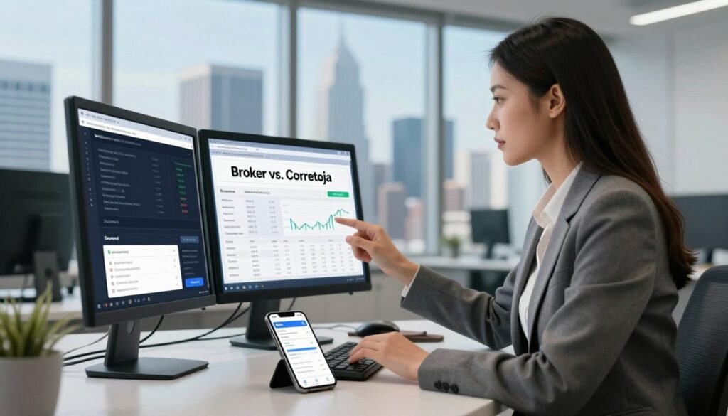 A professional office setting illustrating the concept of "Broker vs. Corretora." In the foreground, a sleek computer and a smartphone displaying detailed financial interfaces, showcasing binary options trading. In the middle ground, a well-dressed business professional, a woman in a tailored blazer, analyzing data on the screen with focus and concentration. Behind her, a modern office with large windows revealing a city skyline, filled with skyscrapers under clear blue skies, to convey an atmosphere of success and ambition. Soft, natural lighting enhances the professionalism of the scene, while a shallow depth of field keeps attention on the subject and devices. The overall mood is one of clarity and sophistication, perfect for understanding the nuances between broker and corretora.