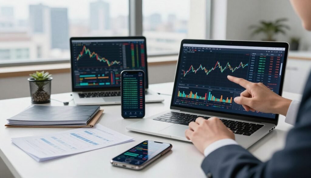 A professional, organized workspace featuring a sleek, modern desk with a laptop and a smartphone displaying intricate binary options trading interfaces. The foreground includes a pair of hands, dressed in professional business attire, actively pointing at a trading graph on the screen. In the middle ground, various trading charts and analytical tools are scattered, showcasing a strategic mindset. The background features a softly lit room with a large window revealing a cityscape, conveying a sense of opportunity and ambition. The lighting is bright but soft, creating an inviting atmosphere. The overall mood reflects focus, strategy, and professionalism, ideal for illustrating a section on transforming ideas into objective trading rules.