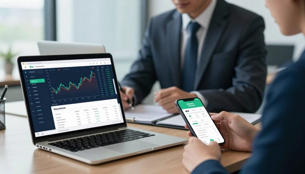 A professional setting showcasing the concept of binary options brokers, highlighting the differences between being regulated, authorized, and available. In the foreground, a sleek laptop and smartphone display user-friendly trading interfaces, illustrating graphs and metrics related to binary options. In the middle ground, a business professional in a tailored suit analyzes data on the devices, exuding a sense of focus and expertise. The background features an elegant office space, with large windows allowing soft natural light to illuminate the scene. A subtle bokeh effect softens the edges, enhancing the overall mood of confidence and professionalism. The color palette is calming, with blues and greens dominating, to convey trust and reliability in financial trading. The composition is shot from a slightly elevated angle to give a comprehensive view of the setup. A professional setting showcasing the concept of binary options brokers, highlighting the differences between being regulated, authorized, and available. In the foreground, a sleek laptop and smartphone display user-friendly trading interfaces, illustrating graphs and metrics related to binary options. In the middle ground, a business professional in a tailored suit analyzes data on the devices, exuding a sense of focus and expertise. The background features an elegant office space, with large windows allowing soft natural light to illuminate the scene. A subtle bokeh effect softens the edges, enhancing the overall mood of confidence and professionalism. The color palette is calming, with blues and greens dominating, to convey trust and reliability in financial trading. The composition is shot from a slightly elevated angle to give a comprehensive view of the setup.