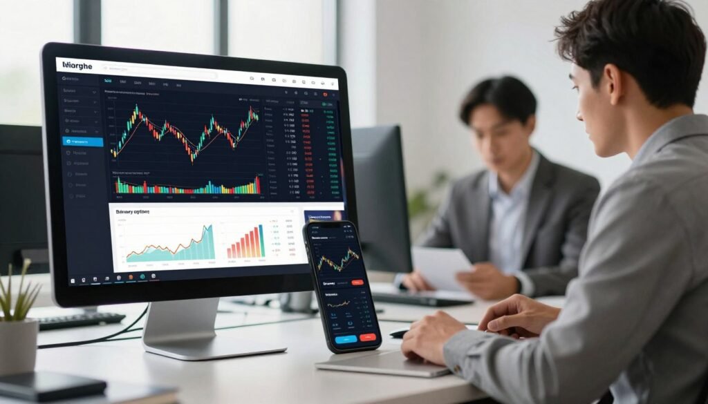 A sleek and modern trading platform interface for binary options displayed prominently on a computer and smartphone. In the foreground, show a high-resolution monitor with vibrant graphs, candlestick charts, and data analytics, exuding a sense of precision and professionalism. The smartphone beside it mirrors the same interface, illustrating portability and accessibility. In the middle ground, a well-dressed business professional is seen analyzing the data, deeply focused on making informed decisions. The background features a stylish office environment with soft, natural lighting streaming through large windows, enhancing a productive atmosphere. The overall mood conveys a sense of confidence, opportunity, and clarity in financial trading. The image should be in a 16:9 aspect ratio, ensuring a polished and professional appearance.