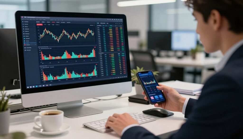 A sleek trading platform interface displayed prominently on a modern computer screen and a mobile device, showcasing vibrant, clear graphs and charts with live data trading elements. The foreground features a professional individual in business attire, intently analyzing the data on both devices. In the middle ground, a well-organized trading desk with financial documents and a stylish cup of coffee reflects a sharp focus on execution and stability in trading. The background is softly blurred, showcasing a contemporary office environment with ambient lighting, creating a serious yet inviting atmosphere. The image conveys a sense of professionalism, alertness, and sophistication, ideal for illustrating the evaluation of trading stability and performance metrics. A sleek trading platform interface displayed prominently on a modern computer screen and a mobile device, showcasing vibrant, clear graphs and charts with live data trading elements. The foreground features a professional individual in business attire, intently analyzing the data on both devices. In the middle ground, a well-organized trading desk with financial documents and a stylish cup of coffee reflects a sharp focus on execution and stability in trading. The background is softly blurred, showcasing a contemporary office environment with ambient lighting, creating a serious yet inviting atmosphere. The image conveys a sense of professionalism, alertness, and sophistication, ideal for illustrating the evaluation of trading stability and performance metrics.