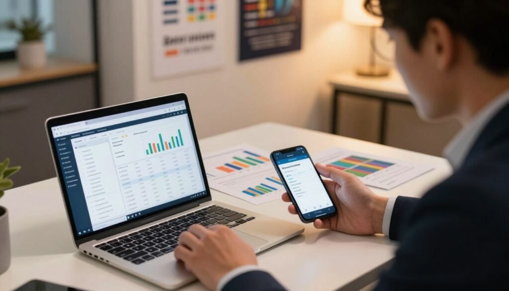 A vibrant, modern workspace featuring a sleek laptop and a smartphone displaying a user-friendly binary options trading interface. In the foreground, a focused individual, dressed in smart business attire, examines the screen with a look of determination. The middle ground showcases a clutter-free desk with colorful charts and graphs, symbolizing strategy testing. In the background, a softly lit room accentuates a motivational poster about trading strategies on the wall. The lighting is warm and inviting, creating a professional yet creative atmosphere. The composition is captured from a slightly elevated angle, emphasizing the interplay of technology and strategy. The overall mood is one of motivation and focus, reflecting the analytical nature of demo account testing in binary options trading.