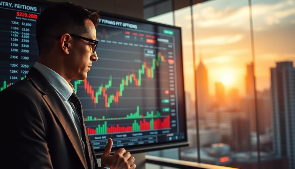 A visually captivating scene representing binary options trading, focusing on the concepts of payout and risk. In the foreground, a professional trader in smart business attire, intently analyzing a large screen displaying fluctuating financial graphs and binary options indicators. The middle ground features detailed charts, candlestick patterns, and icons symbolizing risk and profit, creating a dynamic atmosphere. In the background, an urban office skyline with soft sunset lighting casts a warm glow, emphasizing a sense of urgency and opportunity in trading. The overall mood should reflect a blend of tension and excitement, highlighting the analytical nature of financial decision-making in binary options. The composition is in a 16:9 aspect ratio, encouraging viewer engagement with the theme of investment versus risk. A visually captivating scene representing binary options trading, focusing on the concepts of payout and risk. In the foreground, a professional trader in smart business attire, intently analyzing a large screen displaying fluctuating financial graphs and binary options indicators. The middle ground features detailed charts, candlestick patterns, and icons symbolizing risk and profit, creating a dynamic atmosphere. In the background, an urban office skyline with soft sunset lighting casts a warm glow, emphasizing a sense of urgency and opportunity in trading. The overall mood should reflect a blend of tension and excitement, highlighting the analytical nature of financial decision-making in binary options. The composition is in a 16:9 aspect ratio, encouraging viewer engagement with the theme of investment versus risk.