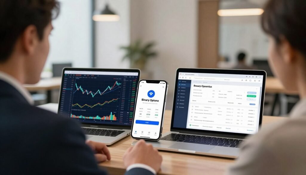 A visually engaging image illustrating the difference between a broker, a platform, and an application in the context of binary options trading. In the foreground, depict a professional individual in business attire, intently examining a laptop screen displaying complex trading data and graphs. The middle layer should feature a smartphone with a sleek trading app interface alongside the laptop, showcasing a transaction in progress. In the background, encompass a modern office environment with soft, warm lighting to create an inviting atmosphere. Use a wide-angle lens perspective to enhance depth, ensuring clarity and focus on the technology involved. Aim for a harmonious blend of professionalism and technology, emphasizing the roles and functionalities of each element without text or distractions.