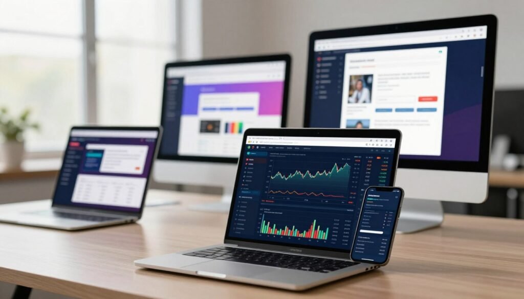 A visually engaging image showcasing trading platforms across various devices. In the foreground, a sleek laptop and a modern smartphone display an advanced trading interface, illustrating real-time graphs and data analytics. The middle ground features a desktop computer and a tablet, each showcasing distinct trading applications, with vibrant colors and intuitive design. The background is softly blurred, suggesting a professional office environment with a large window letting in natural light, creating a warm and focused atmosphere. Use a shallow depth of field to emphasize the devices. The overall mood should reflect innovation and professionalism, emphasizing the technological aspects of online trading platforms. Ensure the scene is clean and minimalistic, avoiding any distractions. A visually engaging image showcasing trading platforms across various devices. In the foreground, a sleek laptop and a modern smartphone display an advanced trading interface, illustrating real-time graphs and data analytics. The middle ground features a desktop computer and a tablet, each showcasing distinct trading applications, with vibrant colors and intuitive design. The background is softly blurred, suggesting a professional office environment with a large window letting in natural light, creating a warm and focused atmosphere. Use a shallow depth of field to emphasize the devices. The overall mood should reflect innovation and professionalism, emphasizing the technological aspects of online trading platforms. Ensure the scene is clean and minimalistic, avoiding any distractions.