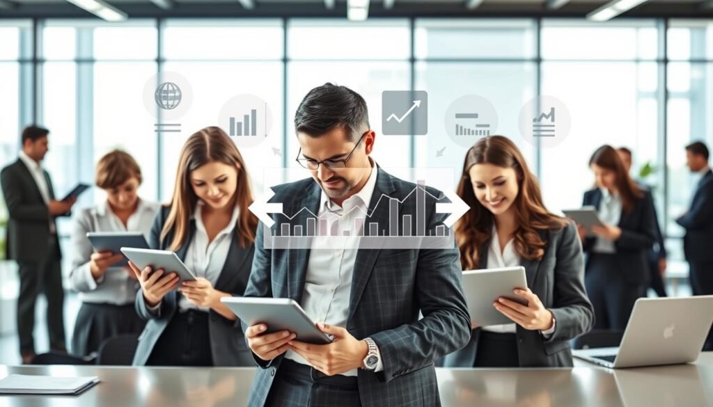 An instructional depiction of the "Steps to Operate Options," featuring a clean and modern infographic style. In the foreground, a diverse group of professionals in business attire analyze financial charts and data on tablets and laptops, reflecting focus and engagement. In the middle ground, include symbols of binary options, such as bullish and bearish graphs, alongside directional arrows indicating decision-making processes. The background should feature a softly lit office environment with large windows, allowing natural light to create a bright atmosphere. Use a wide-angle lens to capture the entire scene, emphasizing collaboration and learning. The mood should be optimistic and enlightening, ideal for beginners exploring binary options trading.