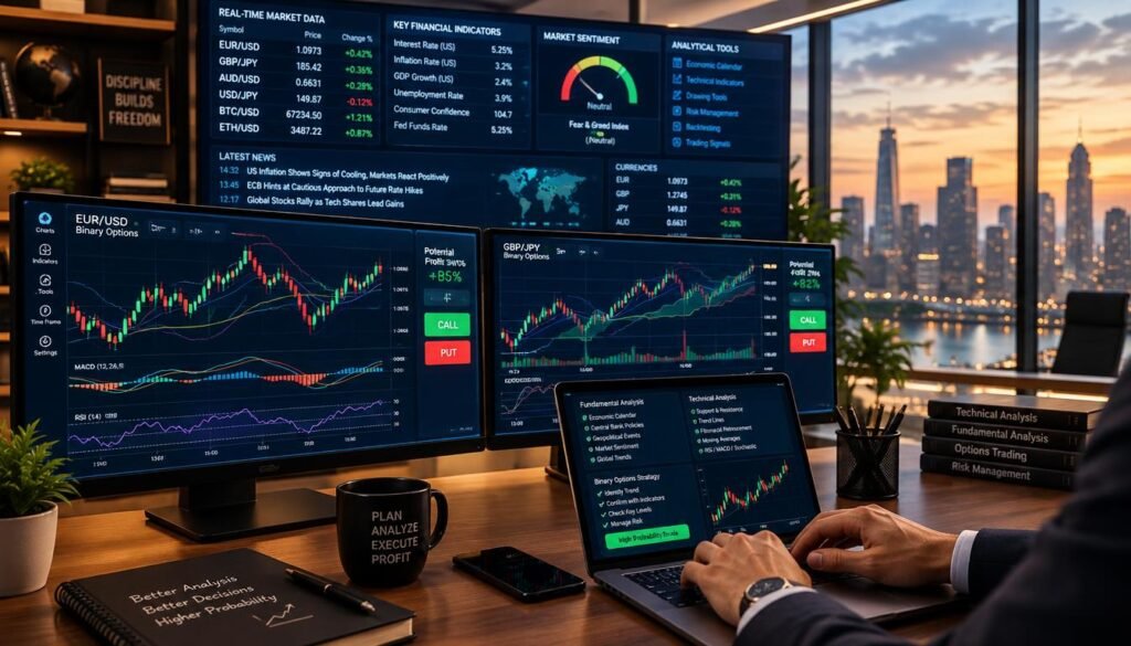 A professional office workspace featuring a modern desk with dual monitors displaying intricate candlestick charts and technical analysis graphs related to binary options trading. In the foreground, a pair of hands typing on a laptop, wearing business attire. On the middle ground, a large digital screen shows real-time market data, financial indicators, and analytical tools, creating a dynamic and high-tech atmosphere. The background can include a window with a city skyline, suggesting a contemporary financial hub. Soft, focused lighting enhances the professionalism of the scene, while a subtle warmth provides an inviting mood. The overall composition encapsulates the precision and strategy of fundamental analysis complementing technical analysis in binary options. A professional office workspace featuring a modern desk with dual monitors displaying intricate candlestick charts and technical analysis graphs related to binary options trading. In the foreground, a pair of hands typing on a laptop, wearing business attire. On the middle ground, a large digital screen shows real-time market data, financial indicators, and analytical tools, creating a dynamic and high-tech atmosphere. The background can include a window with a city skyline, suggesting a contemporary financial hub. Soft, focused lighting enhances the professionalism of the scene, while a subtle warmth provides an inviting mood. The overall composition encapsulates the precision and strategy of fundamental analysis complementing technical analysis in binary options.