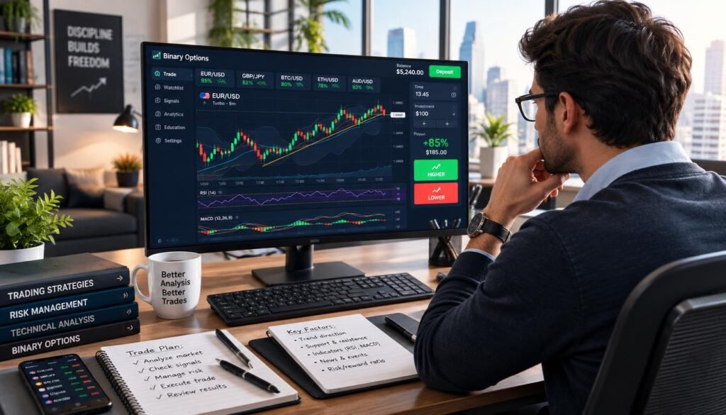 A professional workspace featuring a computer screen displaying a vibrant, detailed binary options trading platform. In the foreground, graphs with candlestick patterns and trend lines demonstrate market analysis, surrounded by neatly organized trading tools like notebooks and pens. In the middle, a focused individual in smart casual attire analyzes data on the screen, with a thoughtful expression. The background shows a softly lit modern office environment, with light filtering through large windows, creating a bright and optimistic atmosphere. The image captures a sense of alertness and professionalism, emphasizing the careful evaluation required for engaging with online binary options signal sources.