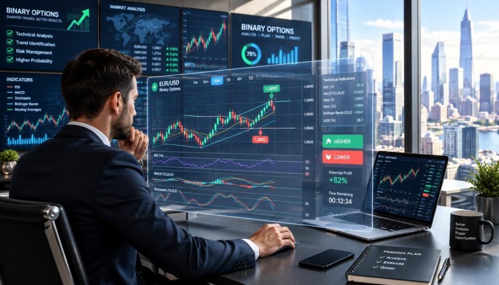 A professional workspace focused on binary options trading analysis. In the foreground, a transparent digital screen displays various technical indicators, such as candlestick charts and trend lines, with clear data points highlighted. A focused individual in smart business attire sits at a sleek desk, analyzing the charts, their laptop open beside them showing additional graphs. In the middle ground, an array of financial charts adorn the walls, vibrant colors contrasting against a modern office backdrop. The background features a large window revealing a bustling cityscape, suggesting a dynamic atmosphere. Bright, natural light illuminates the scene, creating a clear and motivating environment for decision-making in binary options trading. The mood conveys professionalism and analytical focus, inviting the viewer to explore the world of trading indicators.